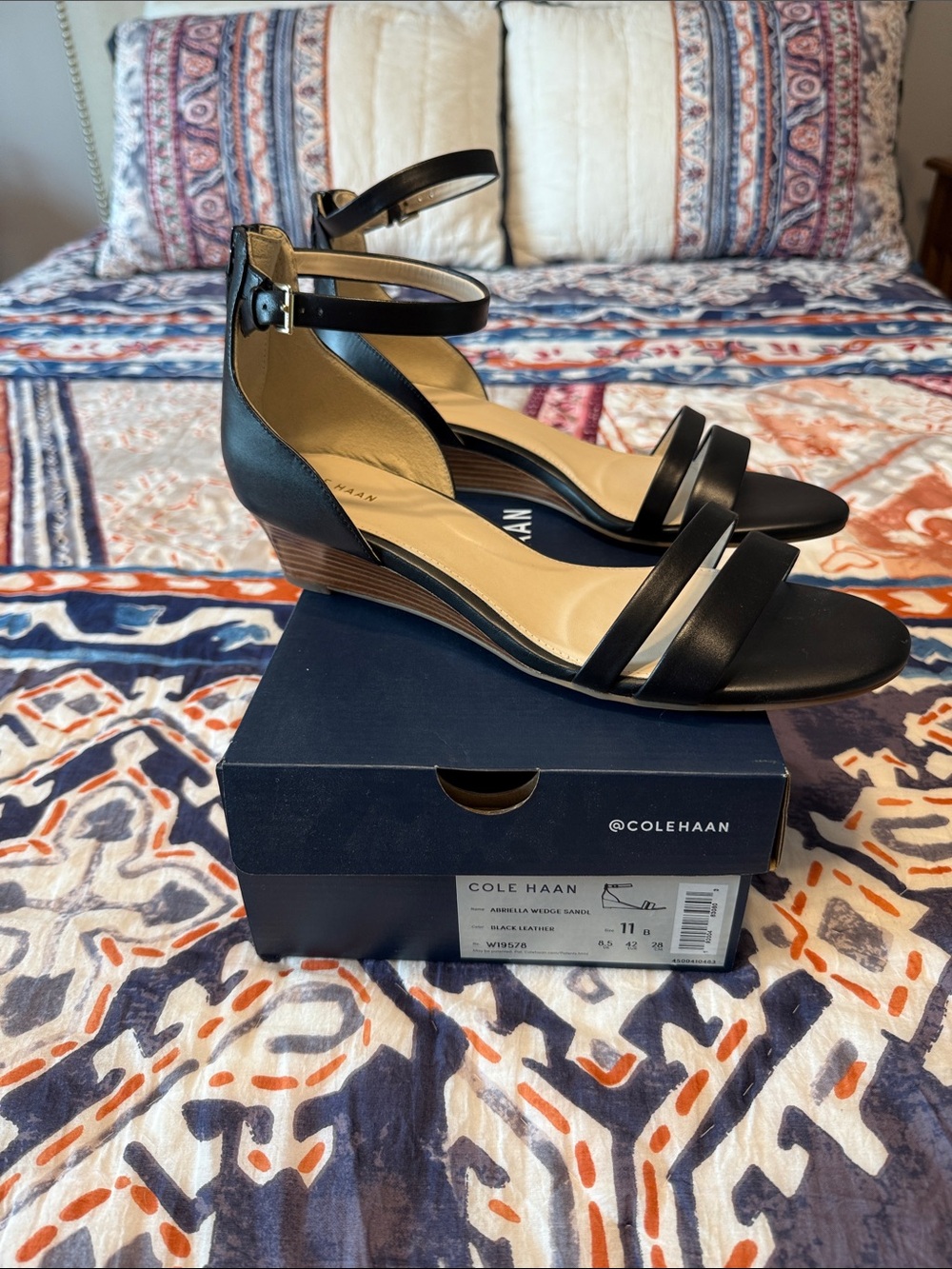 Cole Haan Black Leather Ankle-Strap Wedge Sandals